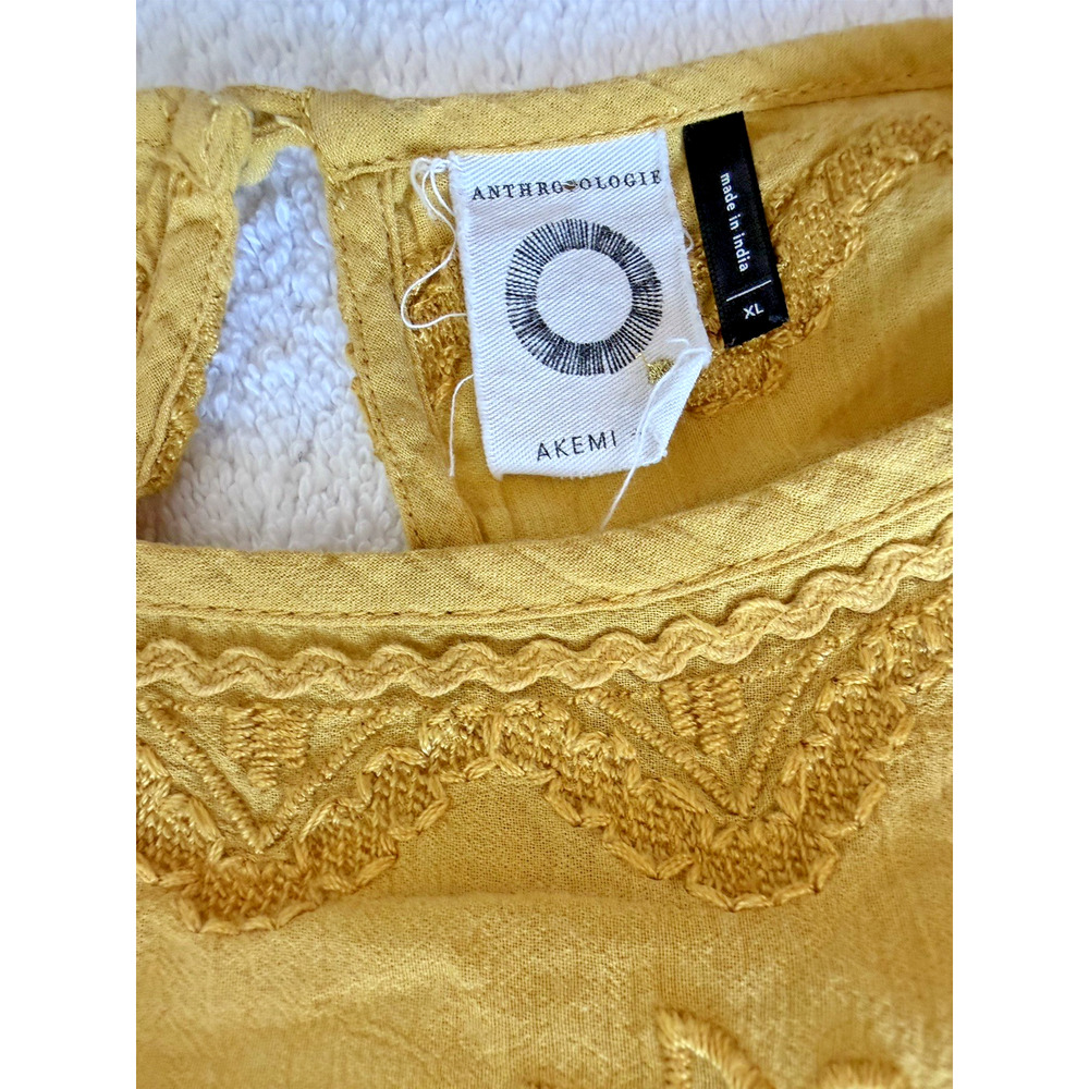 Anthropologie Womens Mini Dress Mustard Yellow Embroidered Boho Coquette Sz-XL - Picture 6 of 11